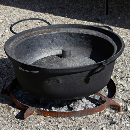 A cast iron Dutch oven placed over hot coals, ready for outdoor cooking adventures.