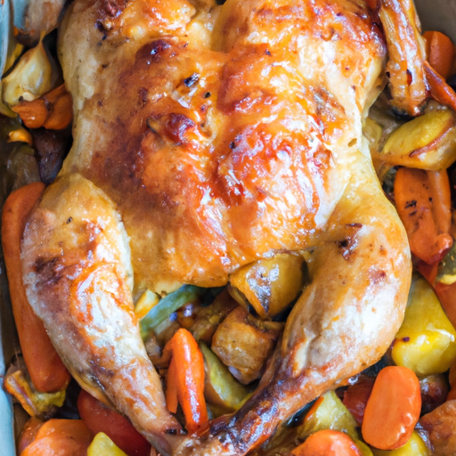 A golden-brown roasted chicken surrounded by perfectly cooked root vegetables, all prepared in a Dutch oven.